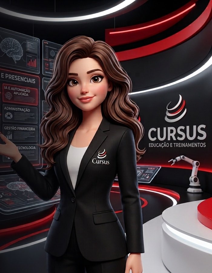 Cursi, a assistente virtual da Cursus, apresentando as áreas de cursos